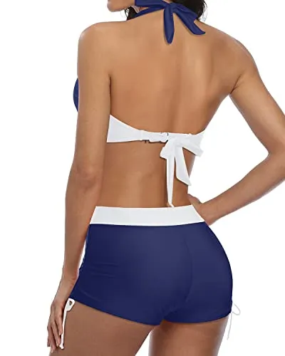 Adjustable Tie Drawstrings Bikini With Boyshort Two Piece Swimsuit-Blue