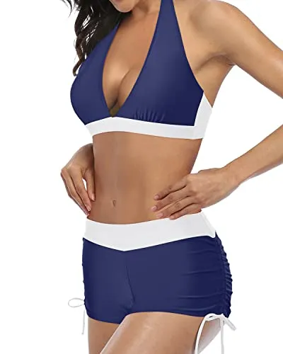 Adjustable Tie Drawstrings Bikini With Boyshort Two Piece Swimsuit-Blue