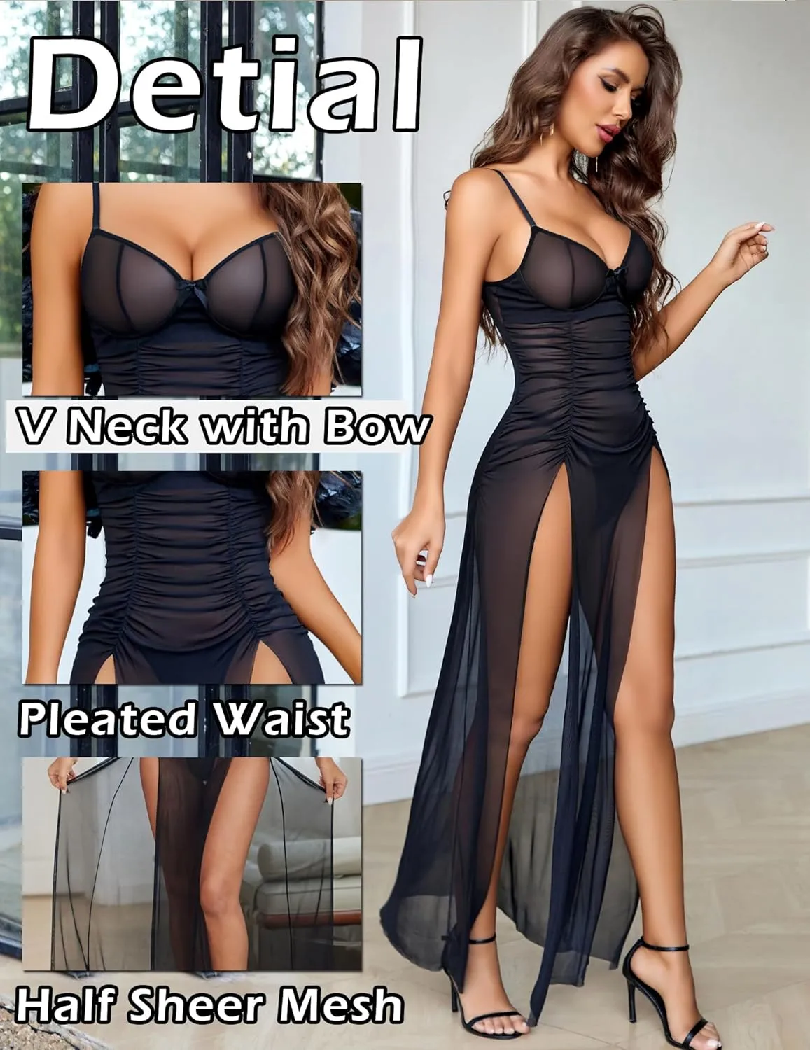 Avidlove Sexy Nightgown for Women Mesh Floral Slit Pleated Lingerie V Neck Long Dress