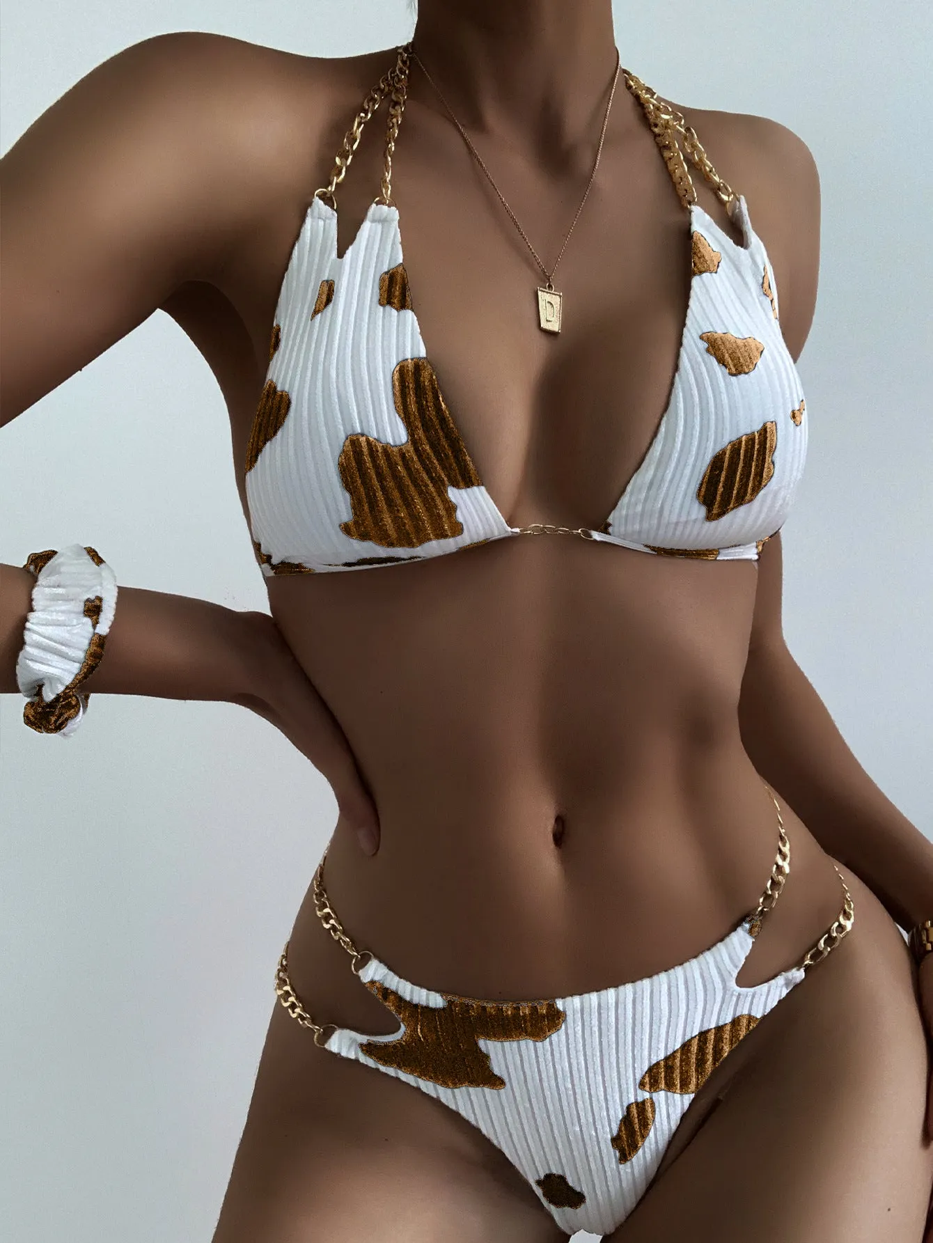 Backless Chain Stripe Split Bathing Suit