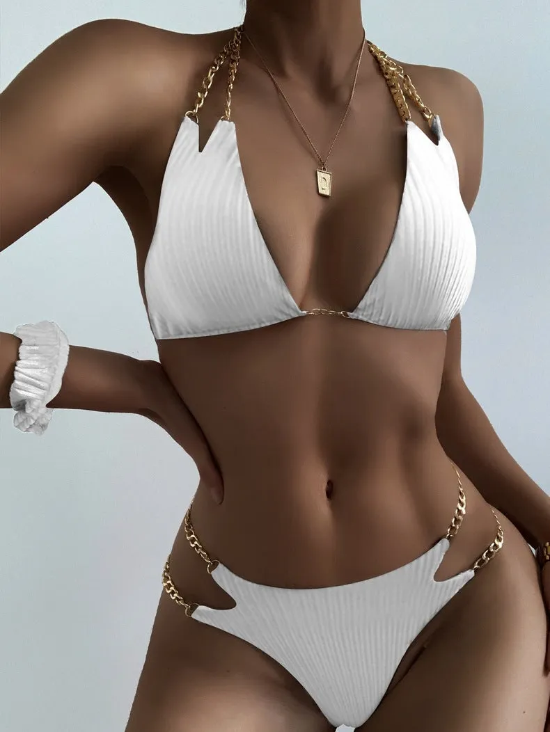 Backless Chain Stripe Split Bathing Suit
