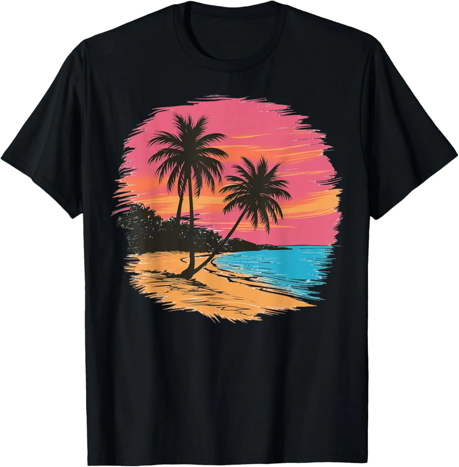 Beach Scene With Palm Trees, Sunset And Ocean Waves T-Shirt