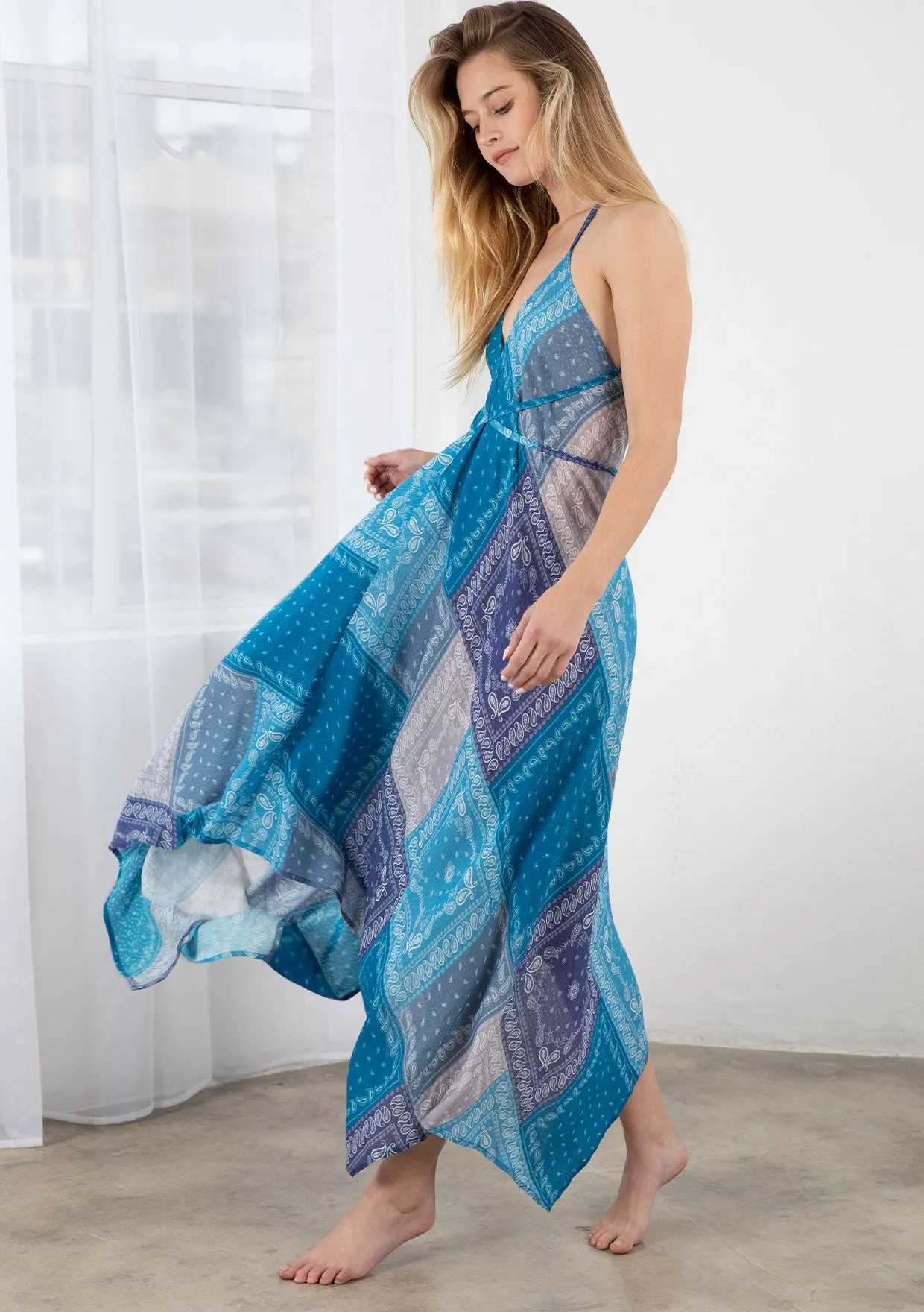 Blue Paisley Handkerchief Maxi Dress