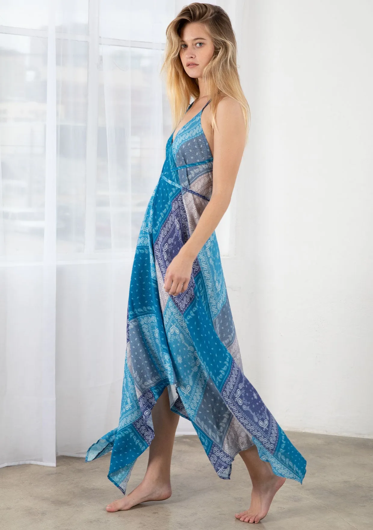 Blue Paisley Handkerchief Maxi Dress