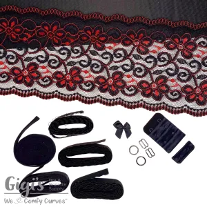 Bra Kit, Black and Lace Trio Bra Making Kit (Fabrics, Lace, Sheer Cup Lining, Findings)