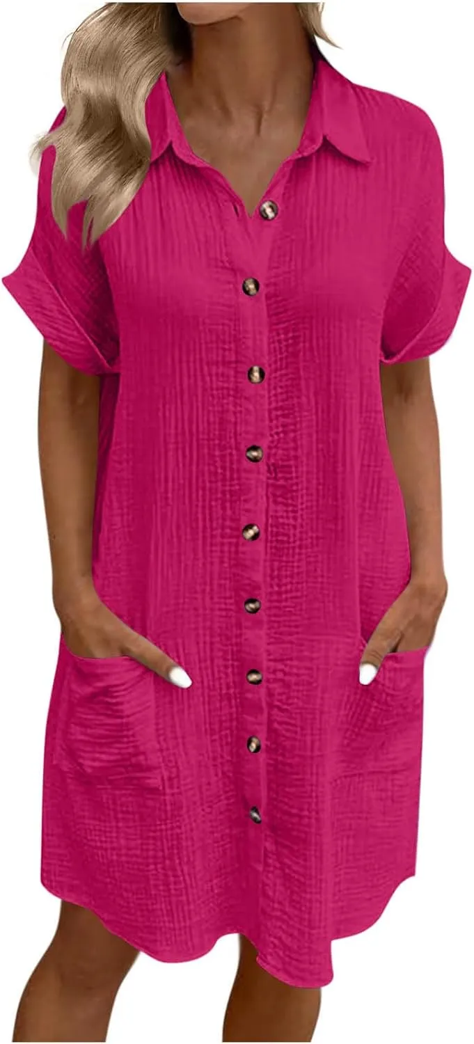 Button Down Dress for Women Summer Short Sleeve Tshirt Dresses Casual Flowy V Neck Loose Midi Beach Dress