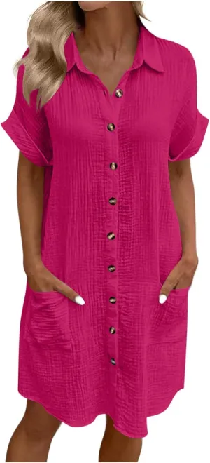 Button Down Dress for Women Summer Short Sleeve Tshirt Dresses Casual Flowy V Neck Loose Midi Beach Dress