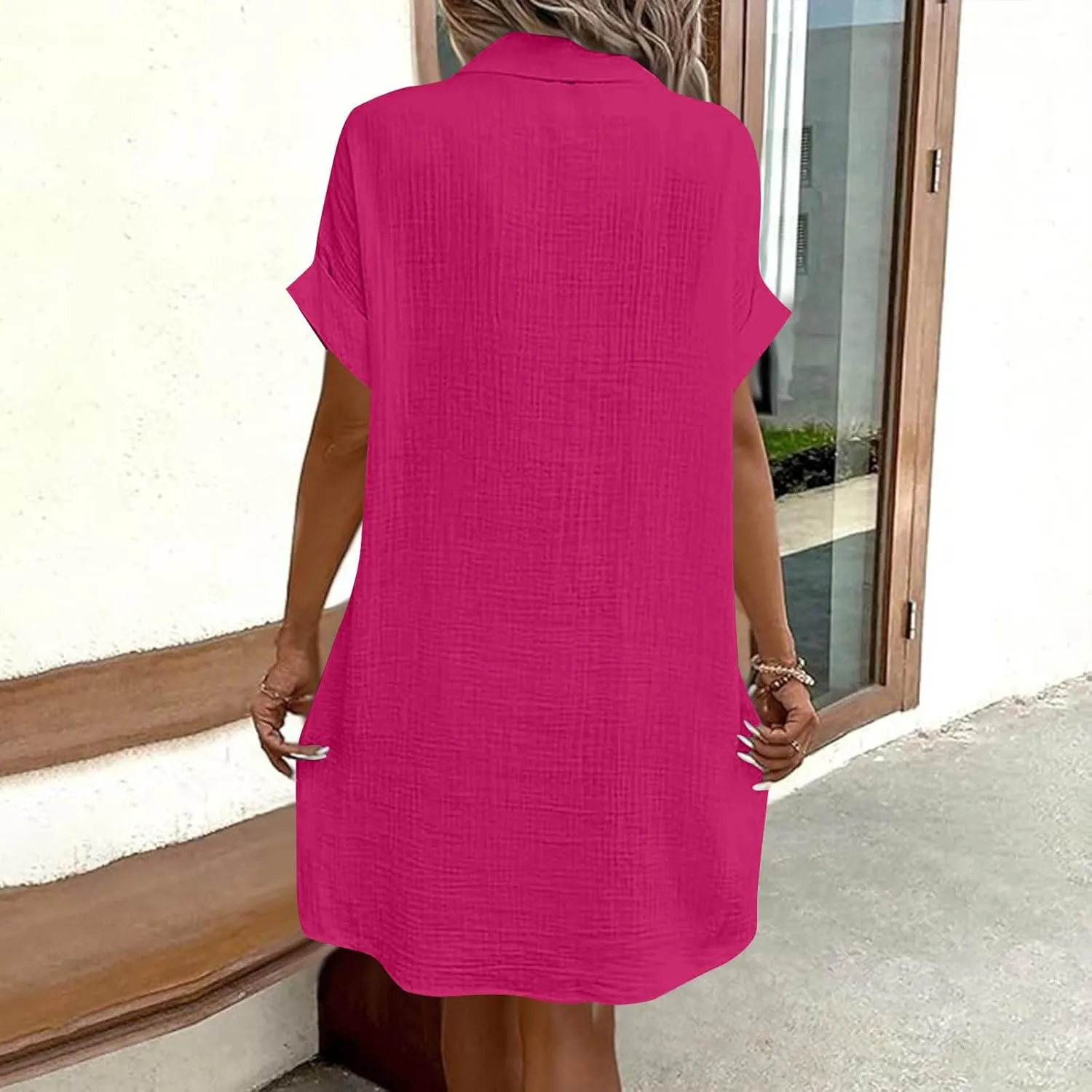 Button Down Dress for Women Summer Short Sleeve Tshirt Dresses Casual Flowy V Neck Loose Midi Beach Dress