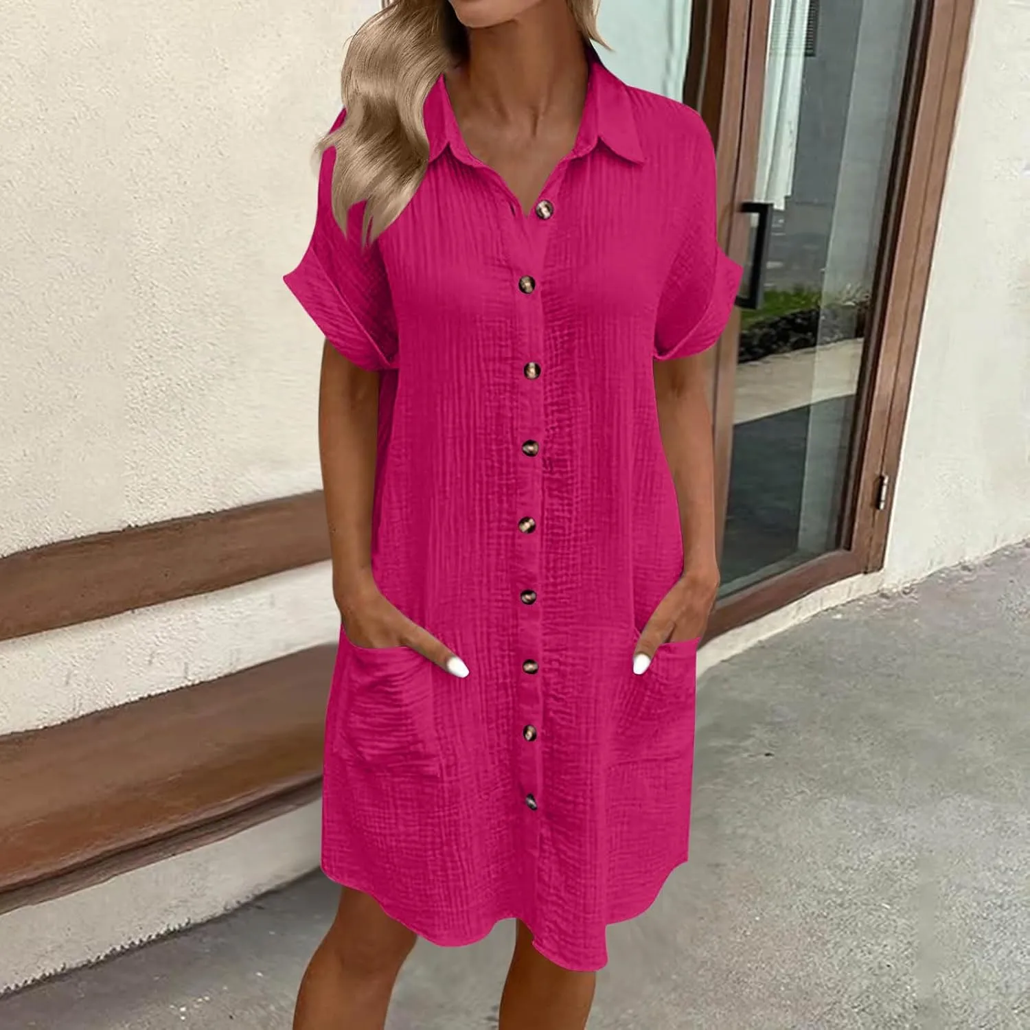 Button Down Dress for Women Summer Short Sleeve Tshirt Dresses Casual Flowy V Neck Loose Midi Beach Dress