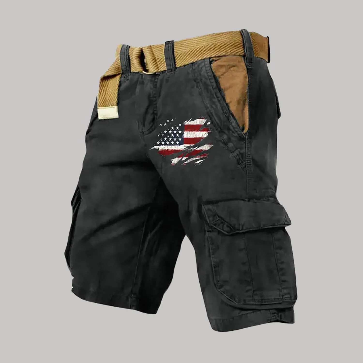 Cargo Shorts for Men Classic American Flag Printed Shorts Washed Distressed Jogging Hiking Pant with Multiple Pockets