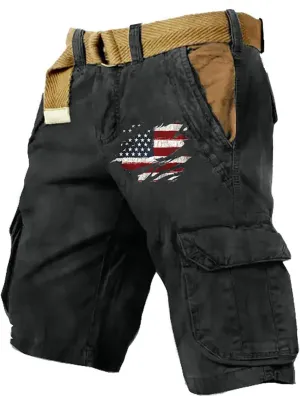 Cargo Shorts for Men Classic American Flag Printed Shorts Washed Distressed Jogging Hiking Pant with Multiple Pockets