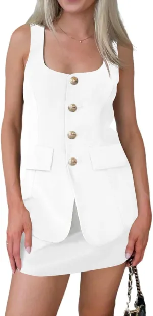 Cicy Bell Womens Summer 2 Piece Outfits Sleeveless Scoop Neck Fitted Blazer Vest Matching Set Mini Skirt Short Suit Work Sets