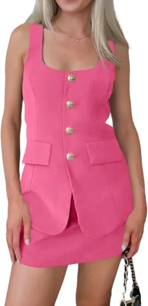 Cicy Bell Womens Summer 2 Piece Outfits Sleeveless Scoop Neck Fitted Blazer Vest Matching Set Mini Skirt Short Suit Work Sets
