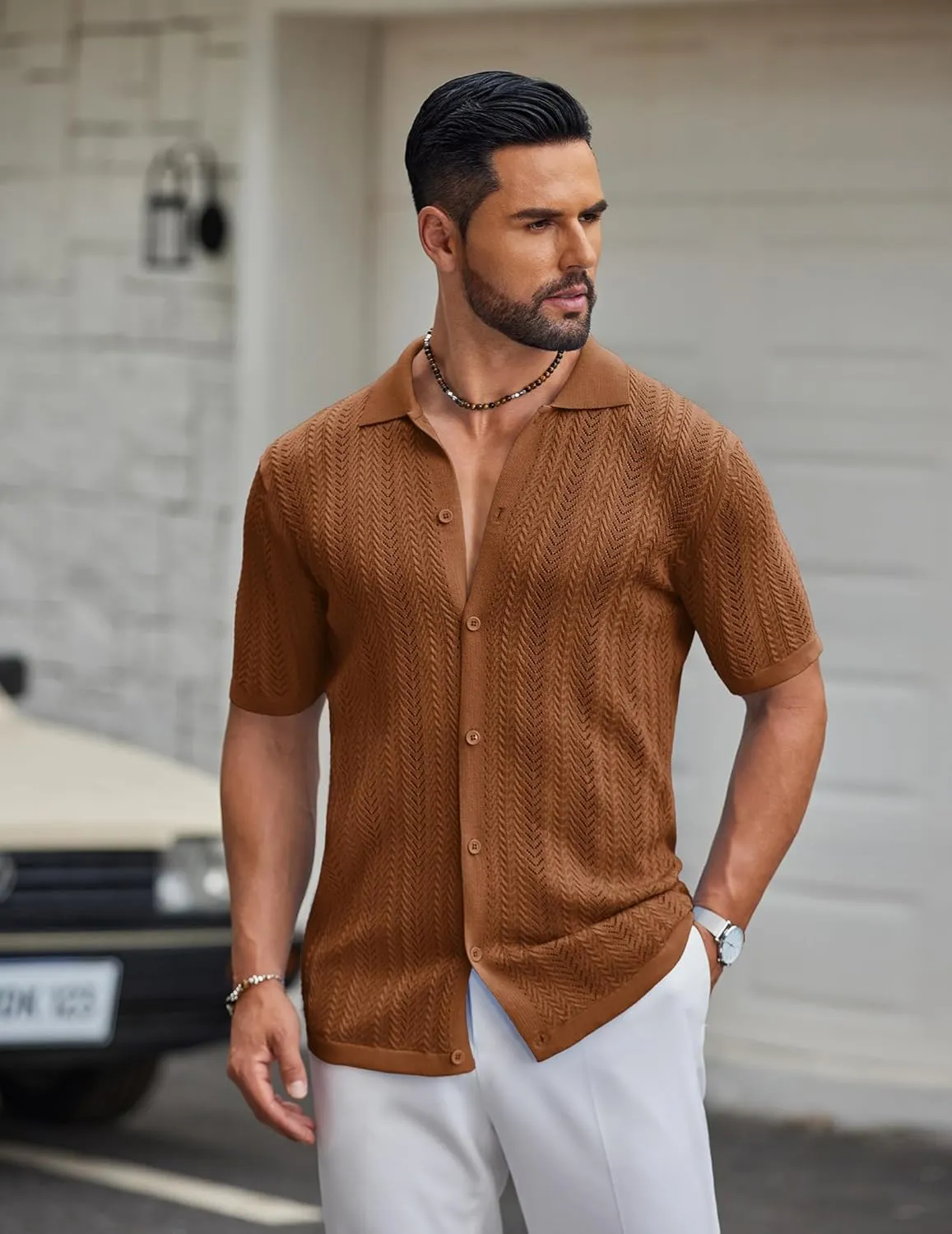COOFANDY Mens Knit Shirt 2025 Short Sleeve Casual Button Down Shirt Summer Beach Vacation Shirts