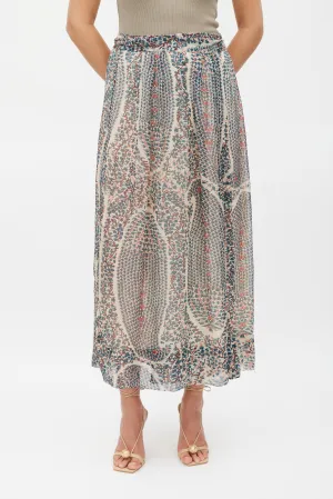 Cream Blue & Red Printed Wrap Skirt