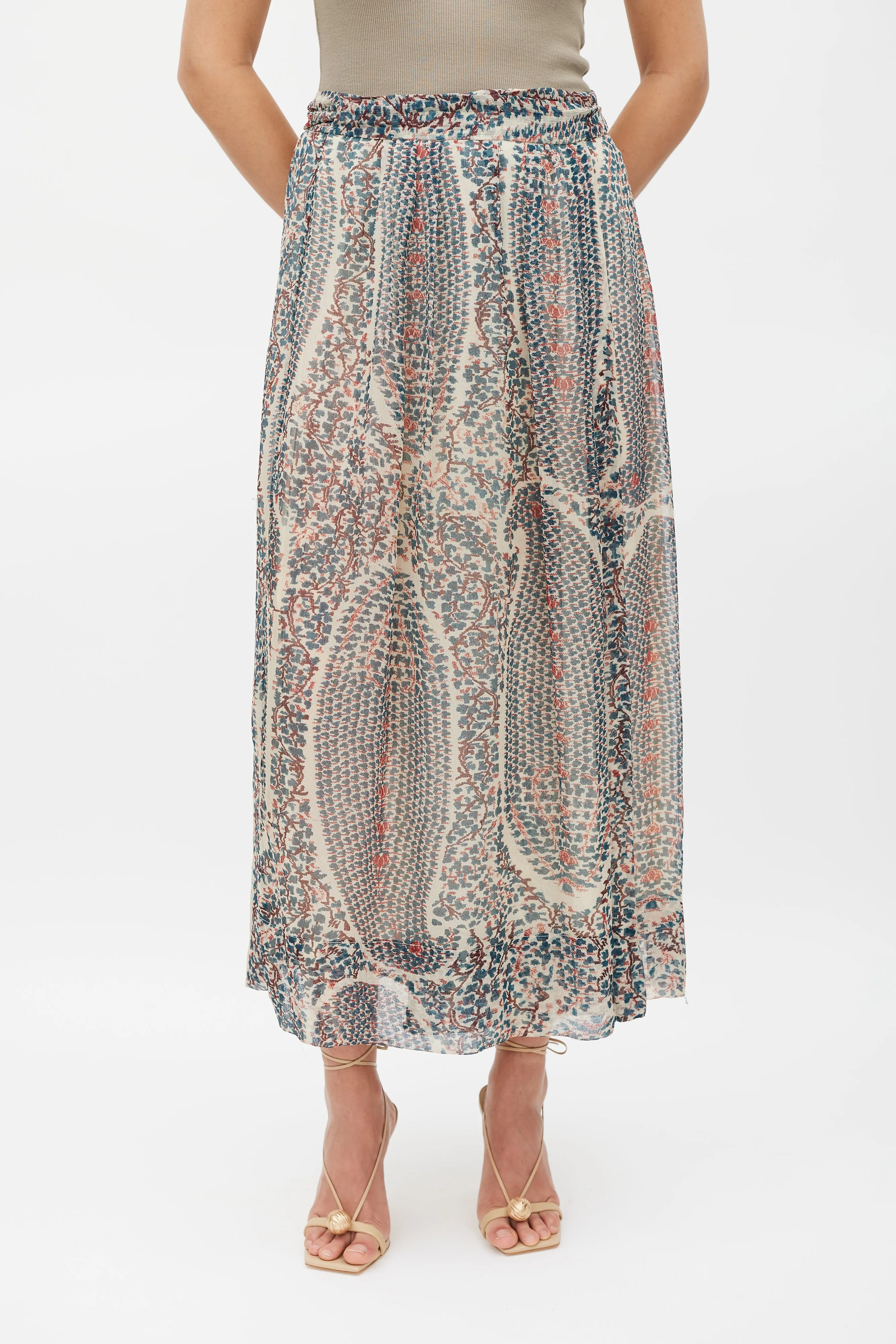 Cream Blue & Red Printed Wrap Skirt