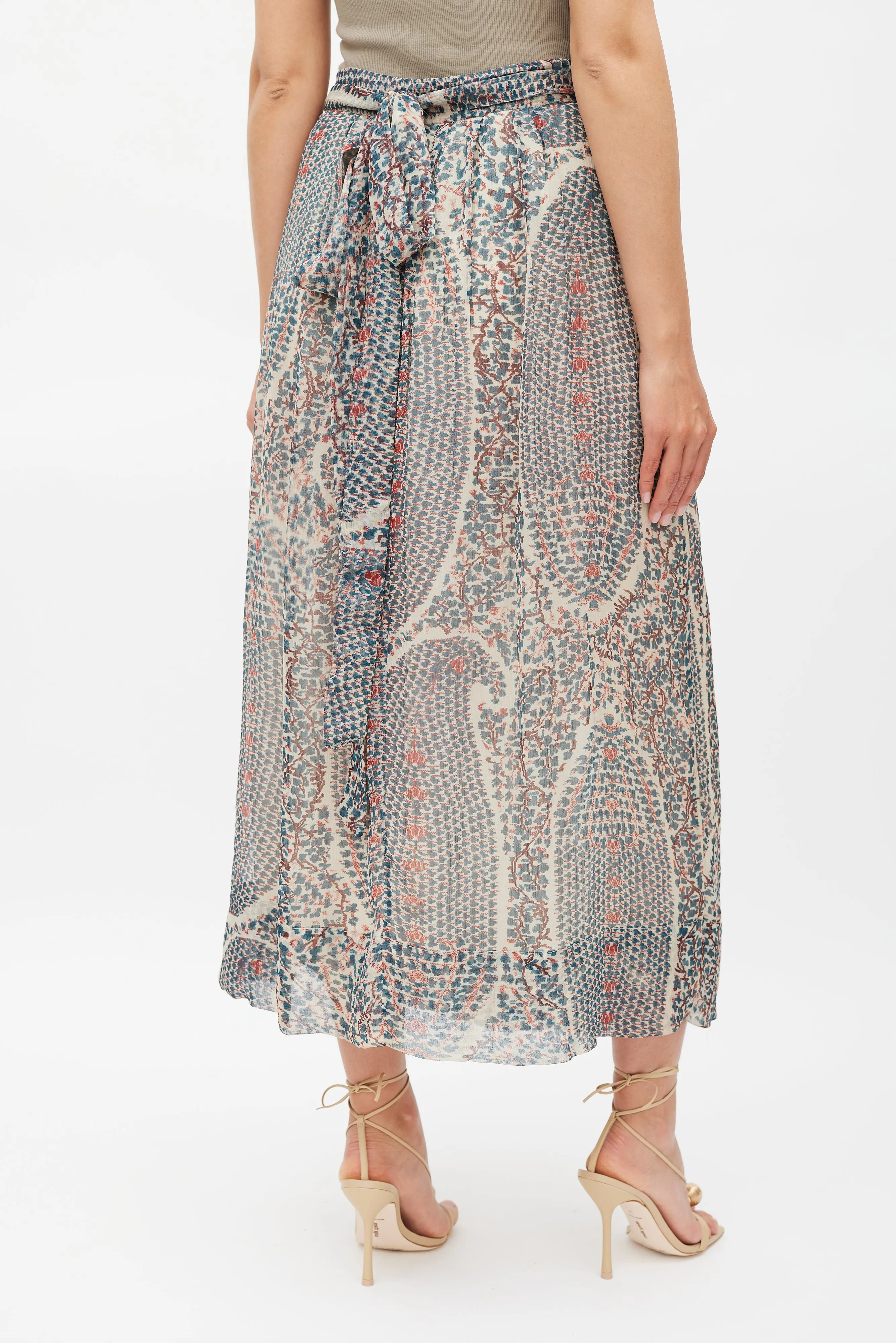 Cream Blue & Red Printed Wrap Skirt