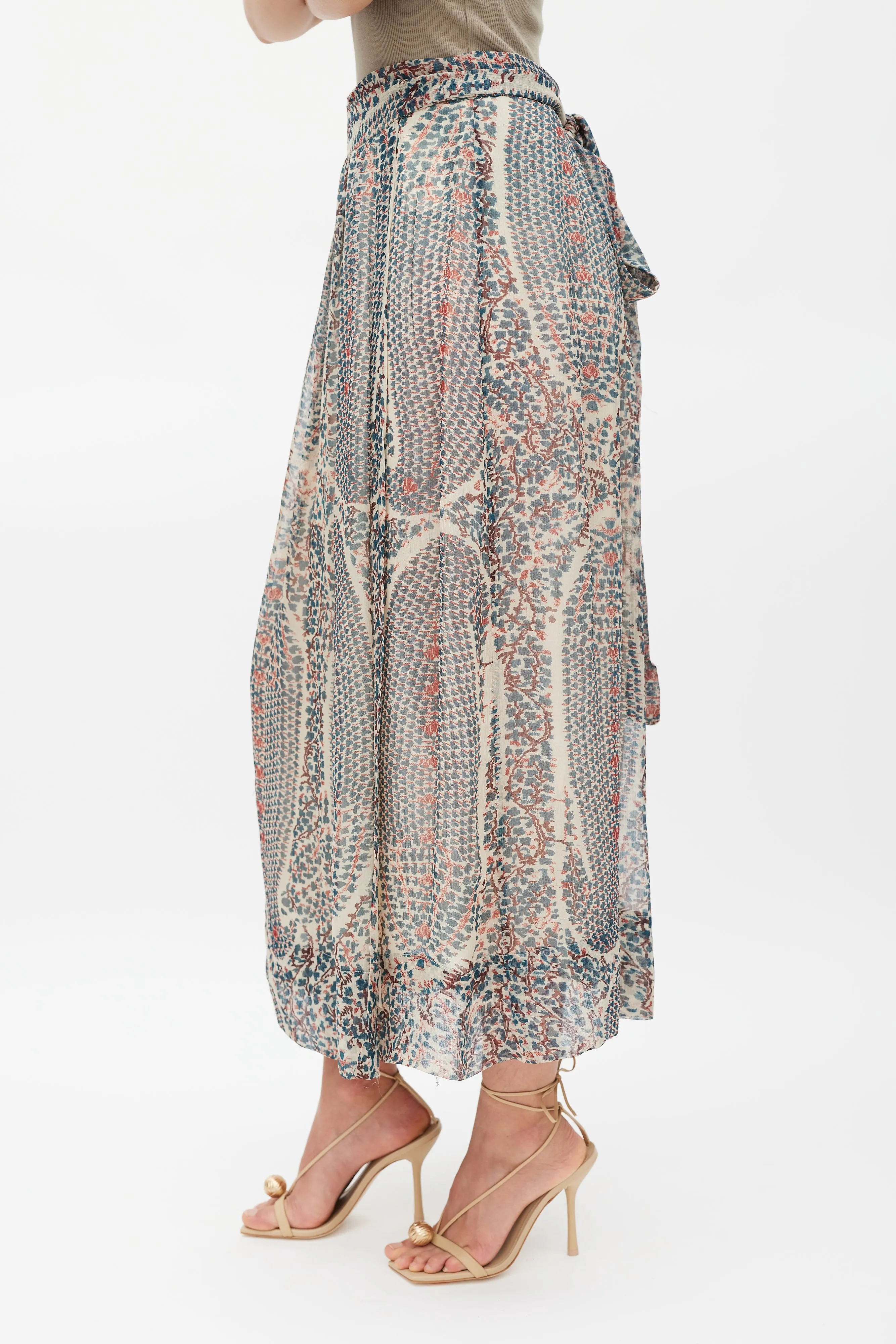 Cream Blue & Red Printed Wrap Skirt