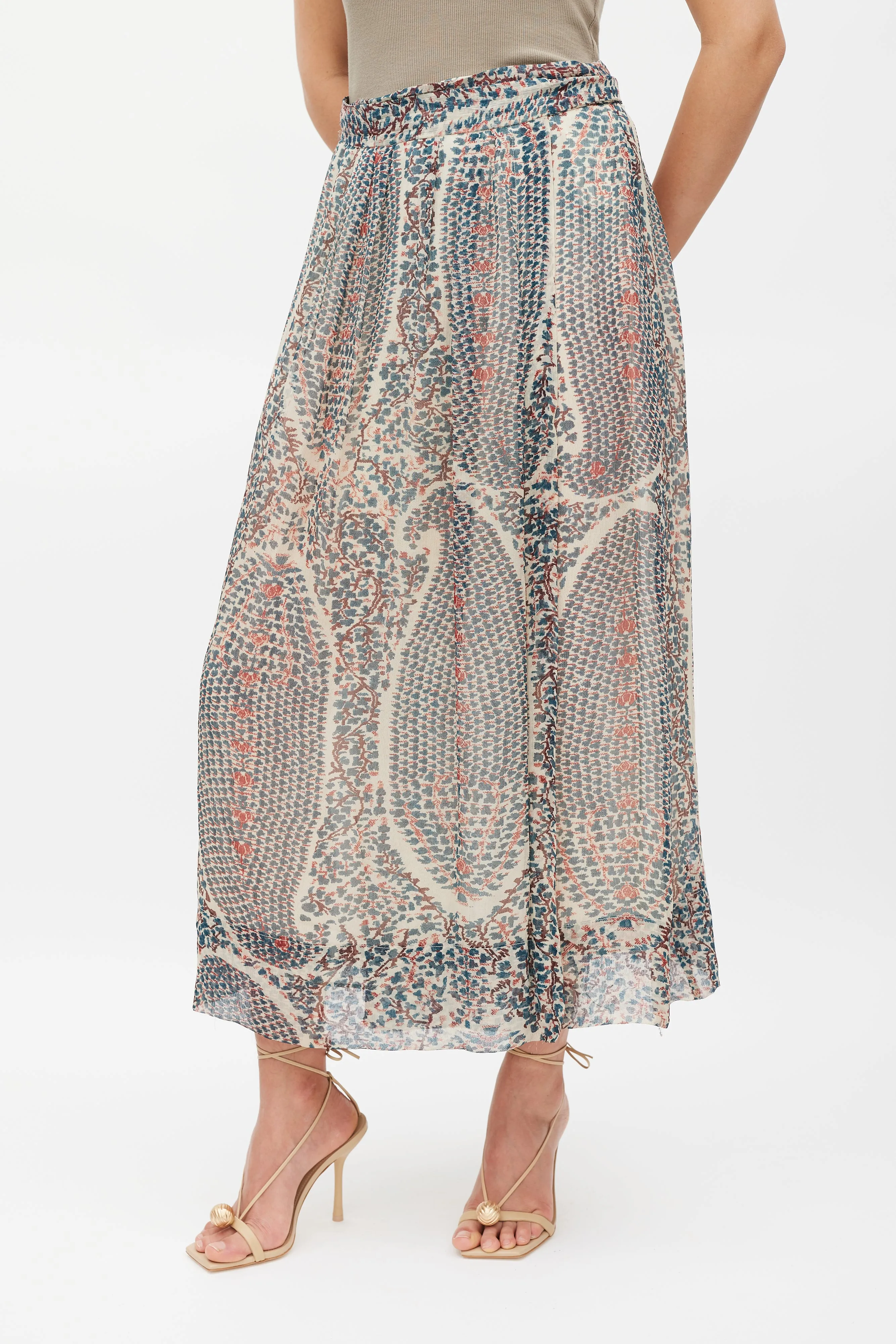 Cream Blue & Red Printed Wrap Skirt