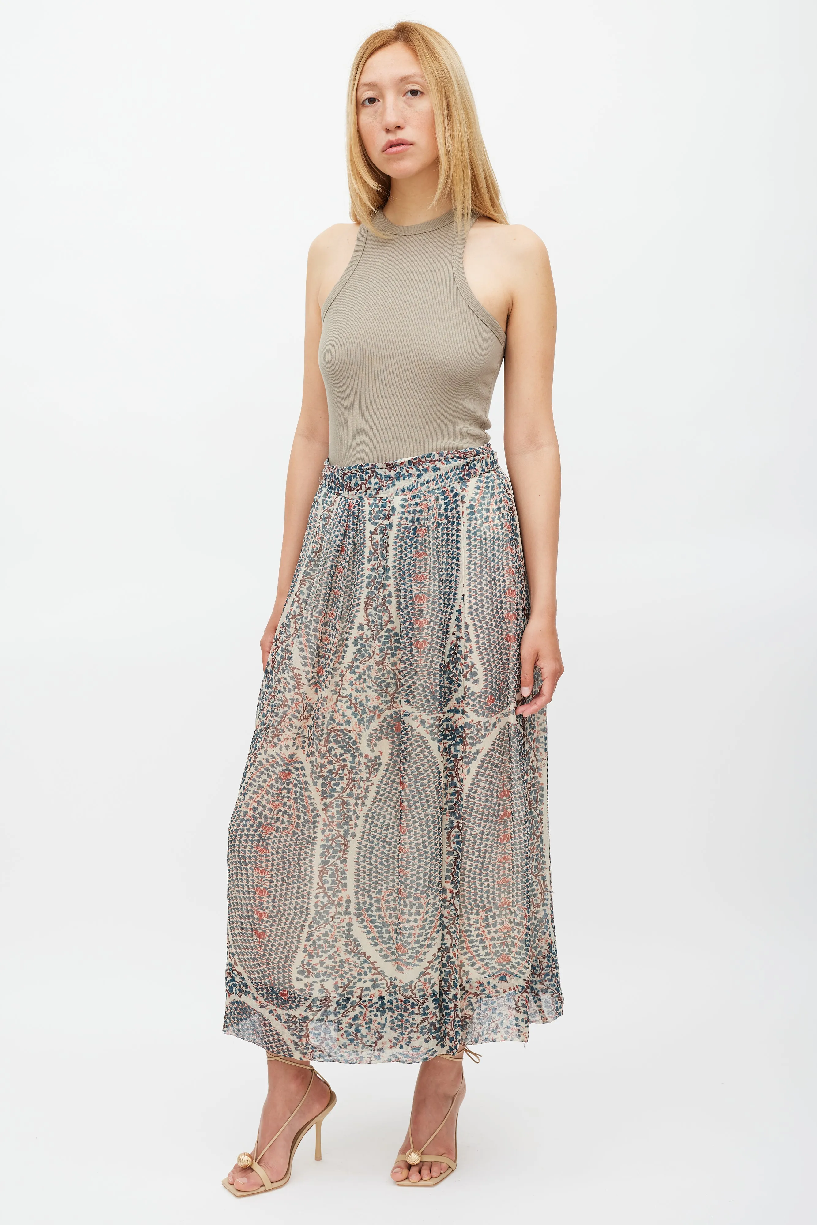 Cream Blue & Red Printed Wrap Skirt
