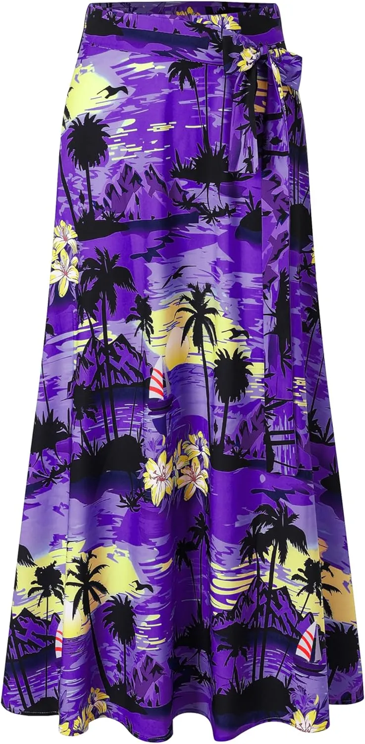 Cromoncent Womens Boho Floral Wrap Maxi Skirt Summer Tie Up Waist Split Beach Skirts