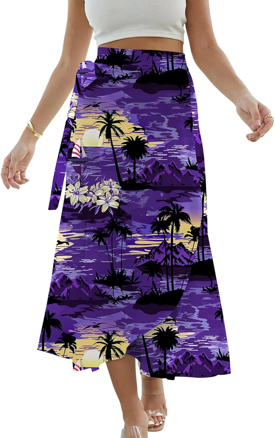 Cromoncent Womens Boho Floral Wrap Maxi Skirt Summer Tie Up Waist Split Beach Skirts