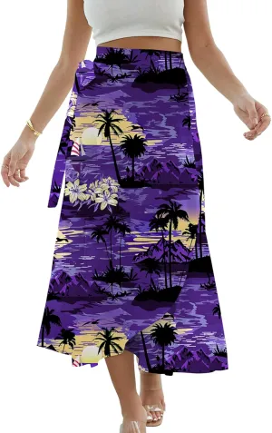 Cromoncent Womens Boho Floral Wrap Maxi Skirt Summer Tie Up Waist Split Beach Skirts