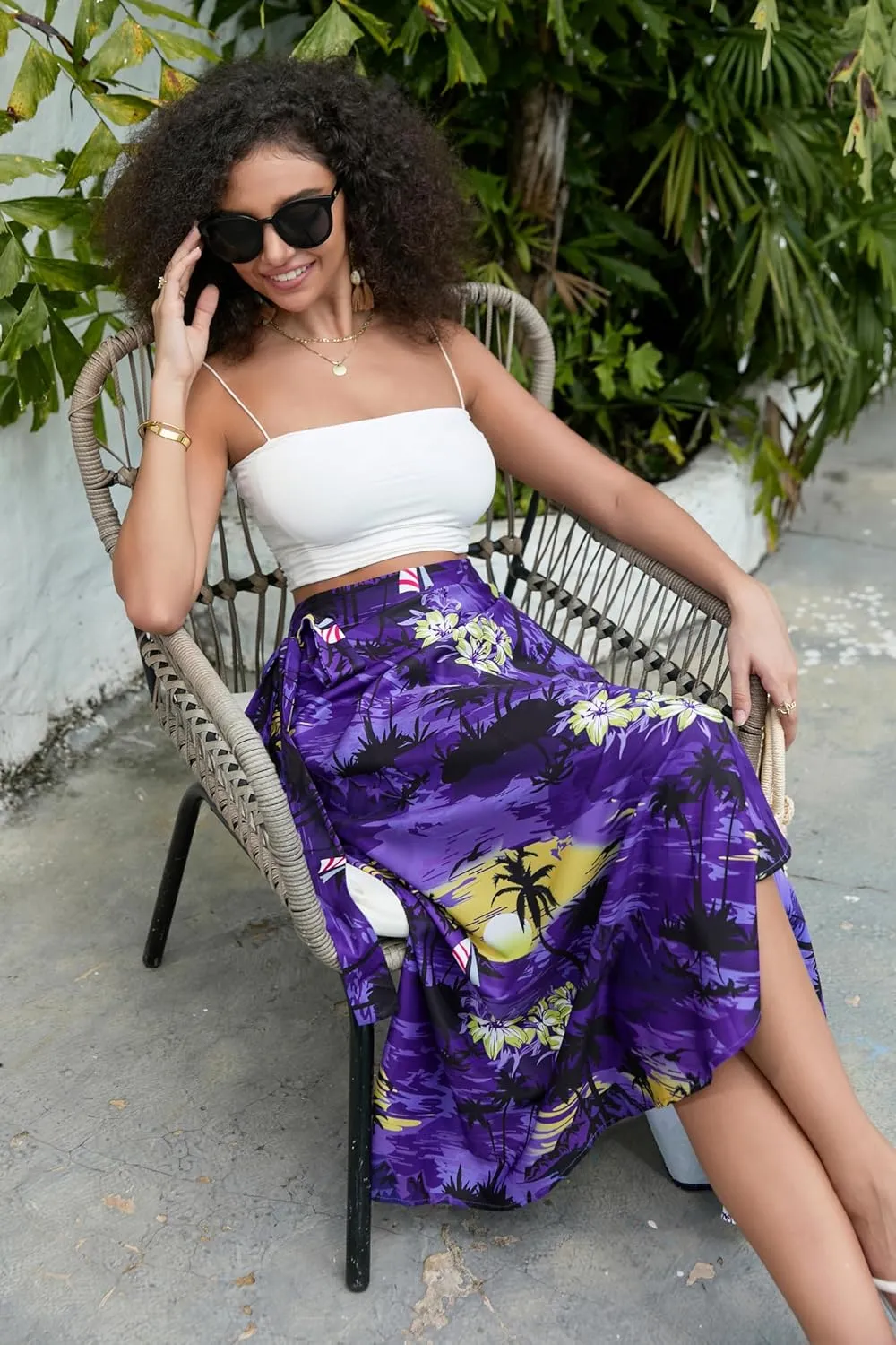 Cromoncent Womens Boho Floral Wrap Maxi Skirt Summer Tie Up Waist Split Beach Skirts