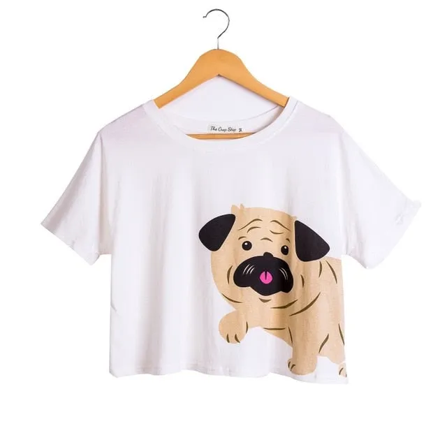 Cute Sleep Top T shirt Women Pug Print Crop Top Short Sleeve Loose S-XXL Cotton T shirt Pajamas Women Clothing pyjamas T6825
