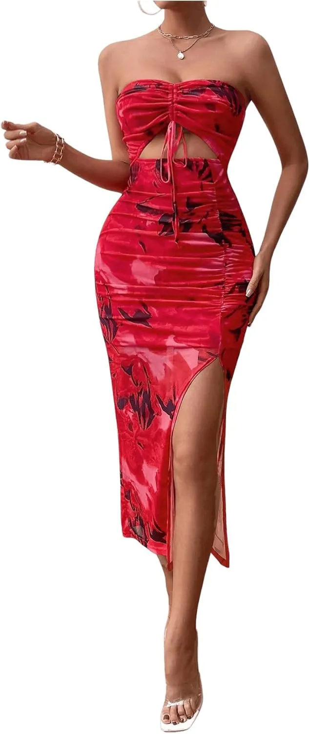 Floerns Women's Floral Drawstring Ruched Bodycon Halter Neck Midi Dress Tie Dye Cut Out Slit Hem Summer Dress Sundresses