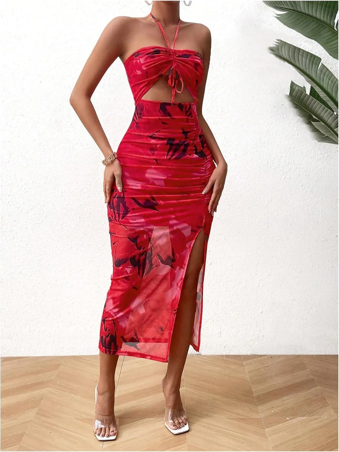 Floerns Women's Floral Drawstring Ruched Bodycon Halter Neck Midi Dress Tie Dye Cut Out Slit Hem Summer Dress Sundresses