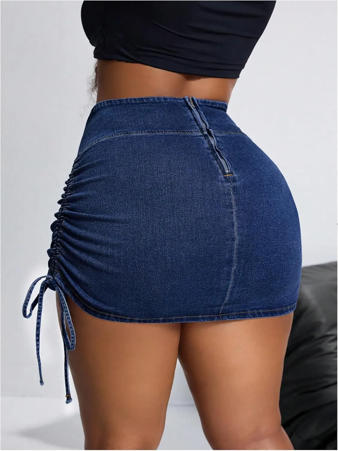 Floerns Women's Plus Size Cross Wrap Waist Denim Skirt Drawstring Side Mini Skirt