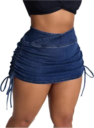 Floerns Women's Plus Size Cross Wrap Waist Denim Skirt Drawstring Side Mini Skirt