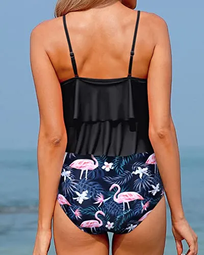 Flowy Two Piece Bathing Suits With Tummy Control For Teen Girls-Black Flamingo