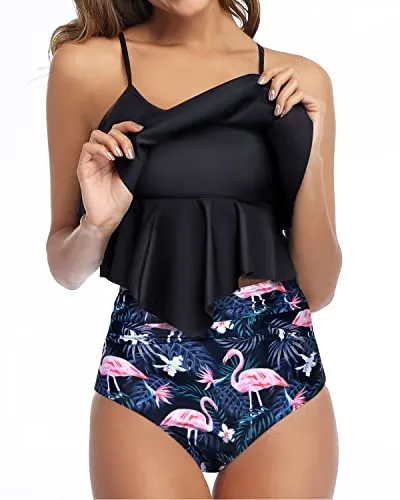 Flowy Two Piece Bathing Suits With Tummy Control For Teen Girls-Black Flamingo