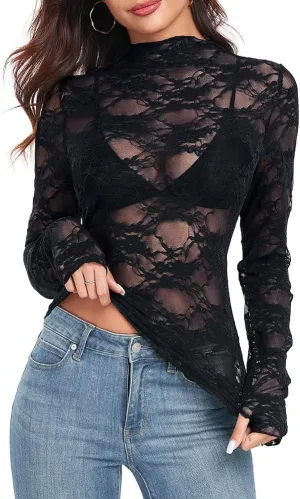 IWOLLENCE Women's Long Sleeve Mock Neck Lace Tops Sexy Floral Western See Through Blouse Sheer Mesh Shirts Party Clubwear