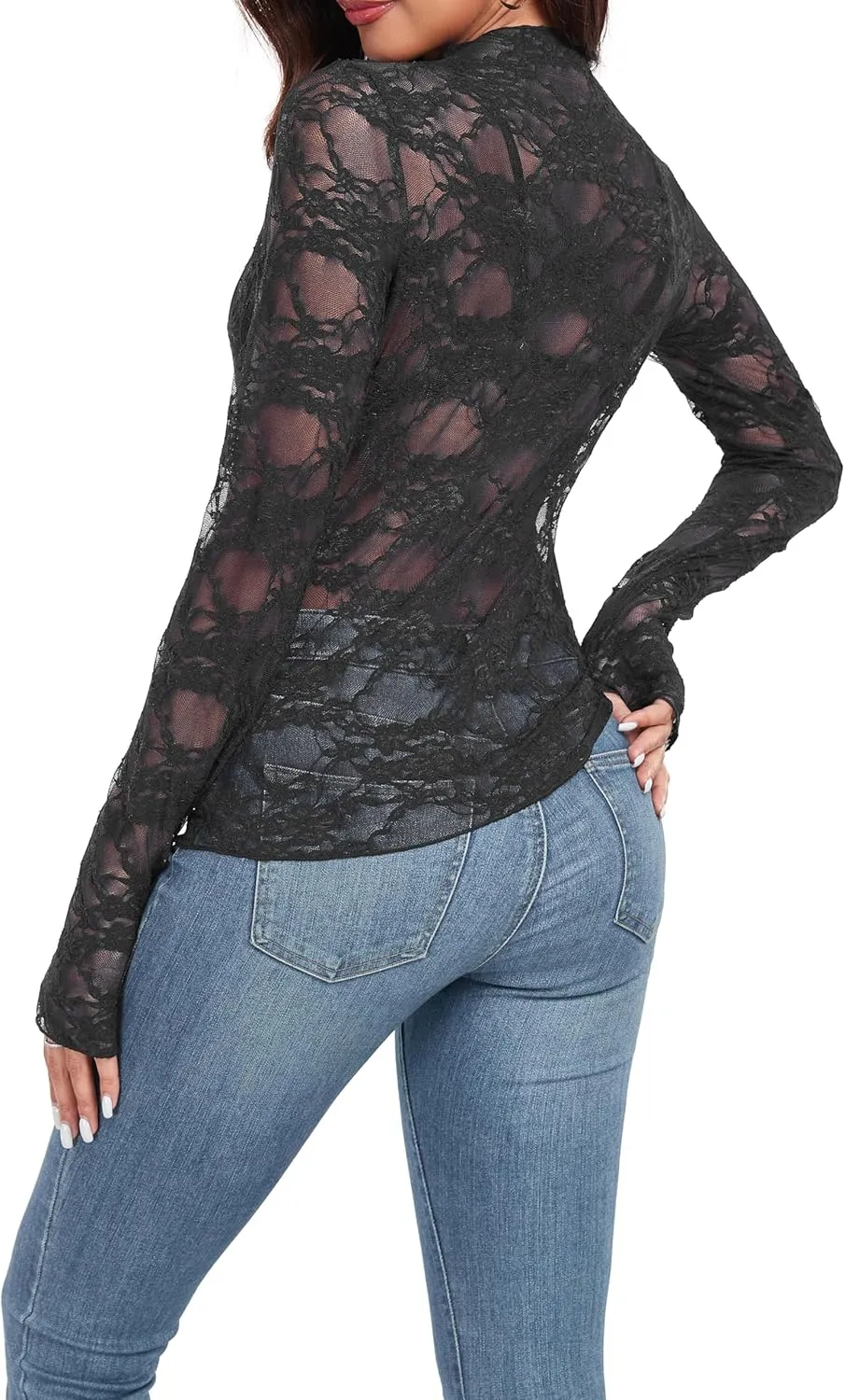 IWOLLENCE Women's Long Sleeve Mock Neck Lace Tops Sexy Floral Western See Through Blouse Sheer Mesh Shirts Party Clubwear