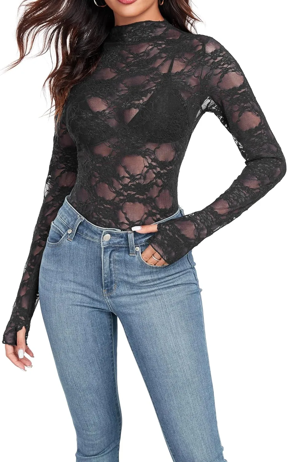 IWOLLENCE Women's Long Sleeve Mock Neck Lace Tops Sexy Floral Western See Through Blouse Sheer Mesh Shirts Party Clubwear