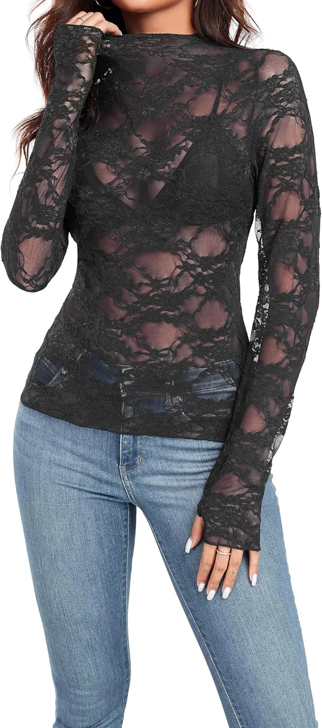 IWOLLENCE Women's Long Sleeve Mock Neck Lace Tops Sexy Floral Western See Through Blouse Sheer Mesh Shirts Party Clubwear