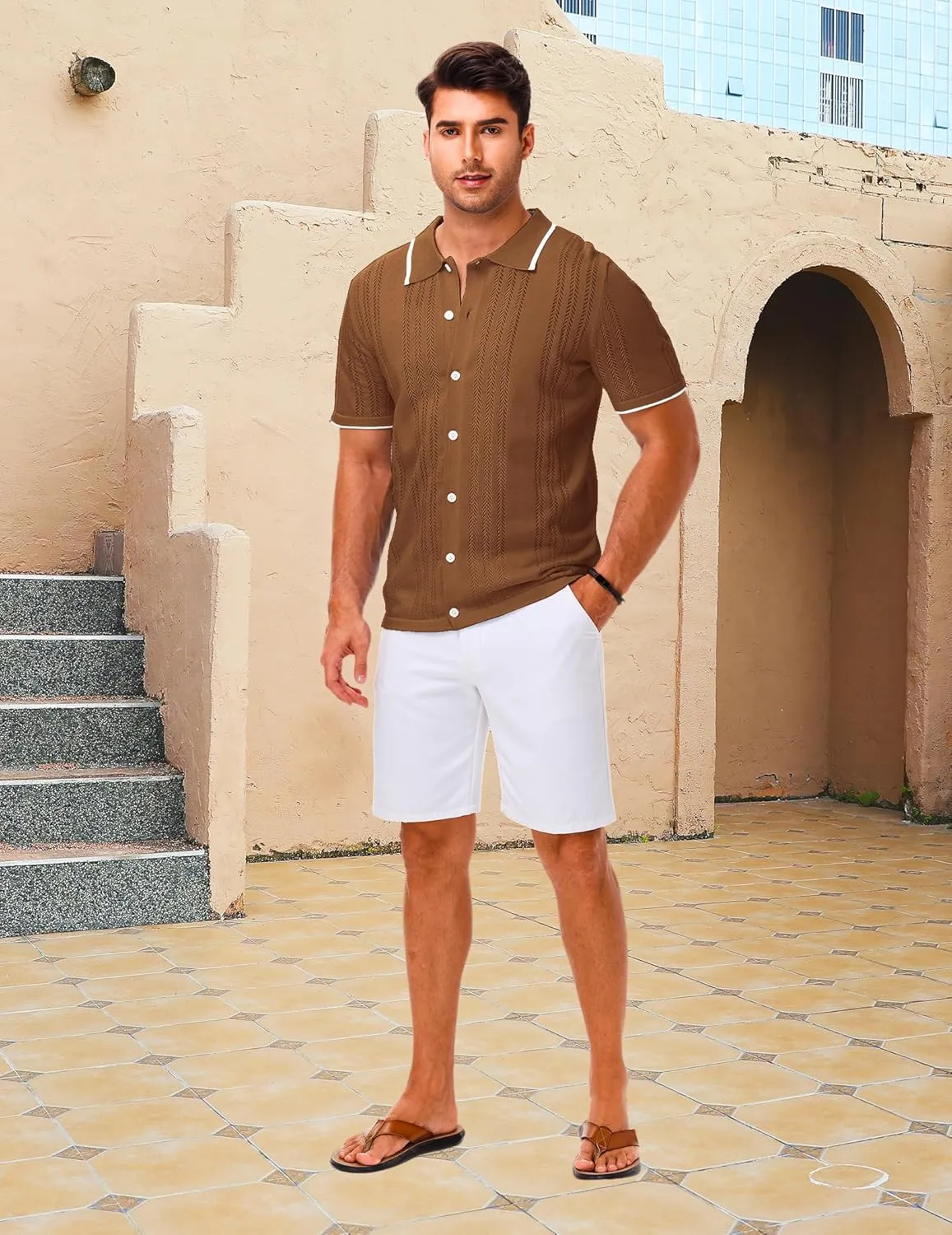LETSEE Mens Short Sleeve Button Down Shirts Knit Polo Shirt Summer Beach Tops Resort Wear 2025