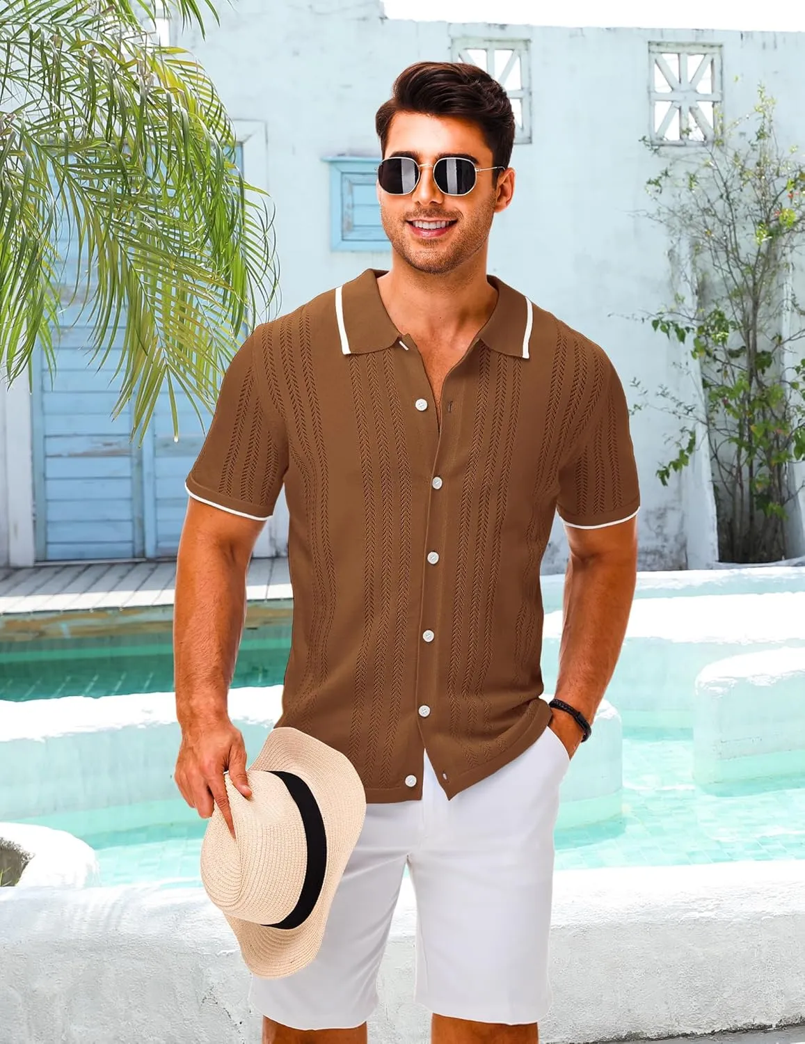 LETSEE Mens Short Sleeve Button Down Shirts Knit Polo Shirt Summer Beach Tops Resort Wear 2025