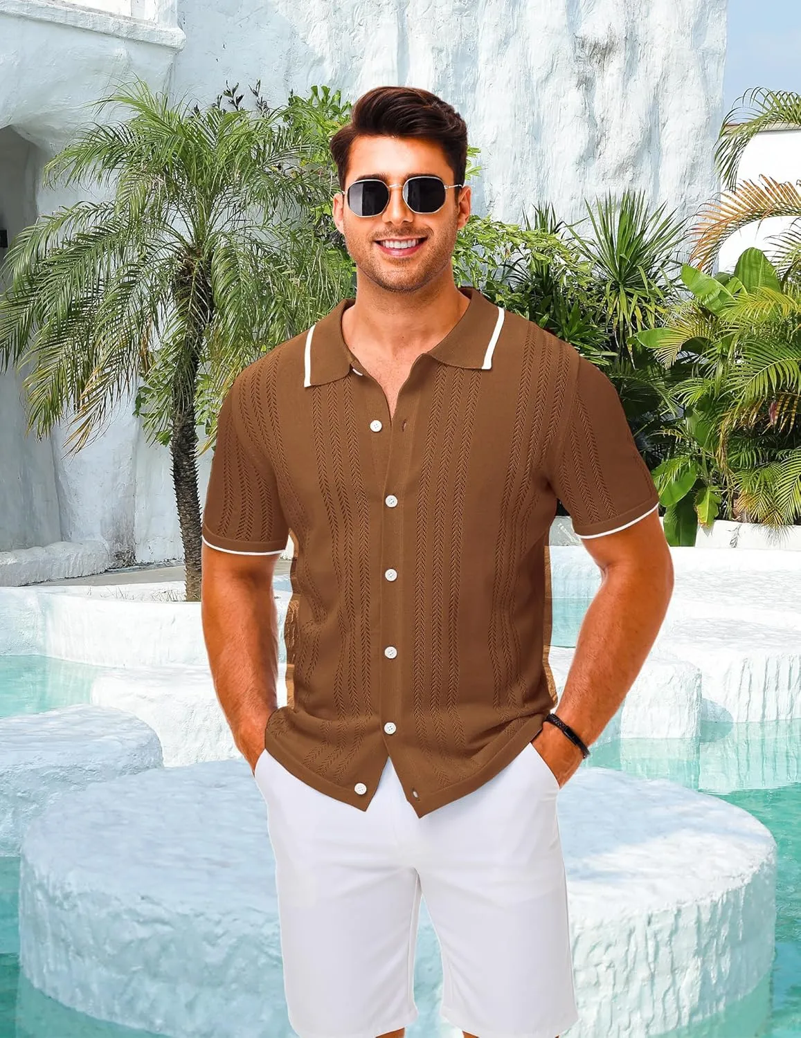 LETSEE Mens Short Sleeve Button Down Shirts Knit Polo Shirt Summer Beach Tops Resort Wear 2025