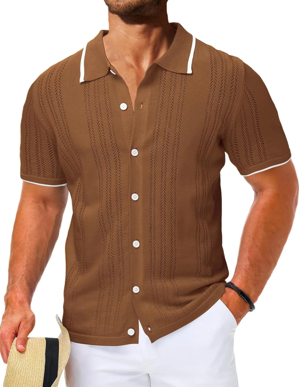 LETSEE Mens Short Sleeve Button Down Shirts Knit Polo Shirt Summer Beach Tops Resort Wear 2025