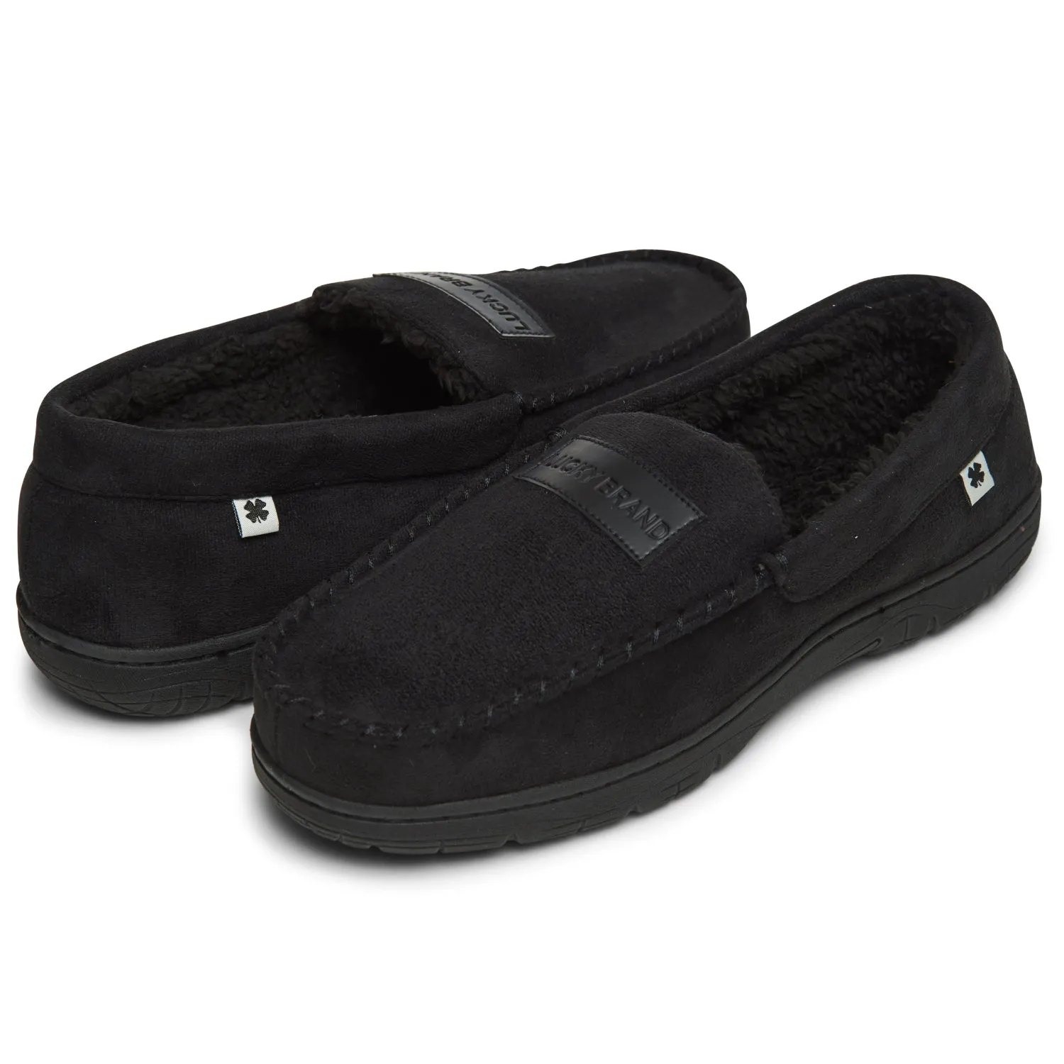 Lucky Brand Micro Suede Moccasin Slippers for Men with Faux Fur Lining, Black
