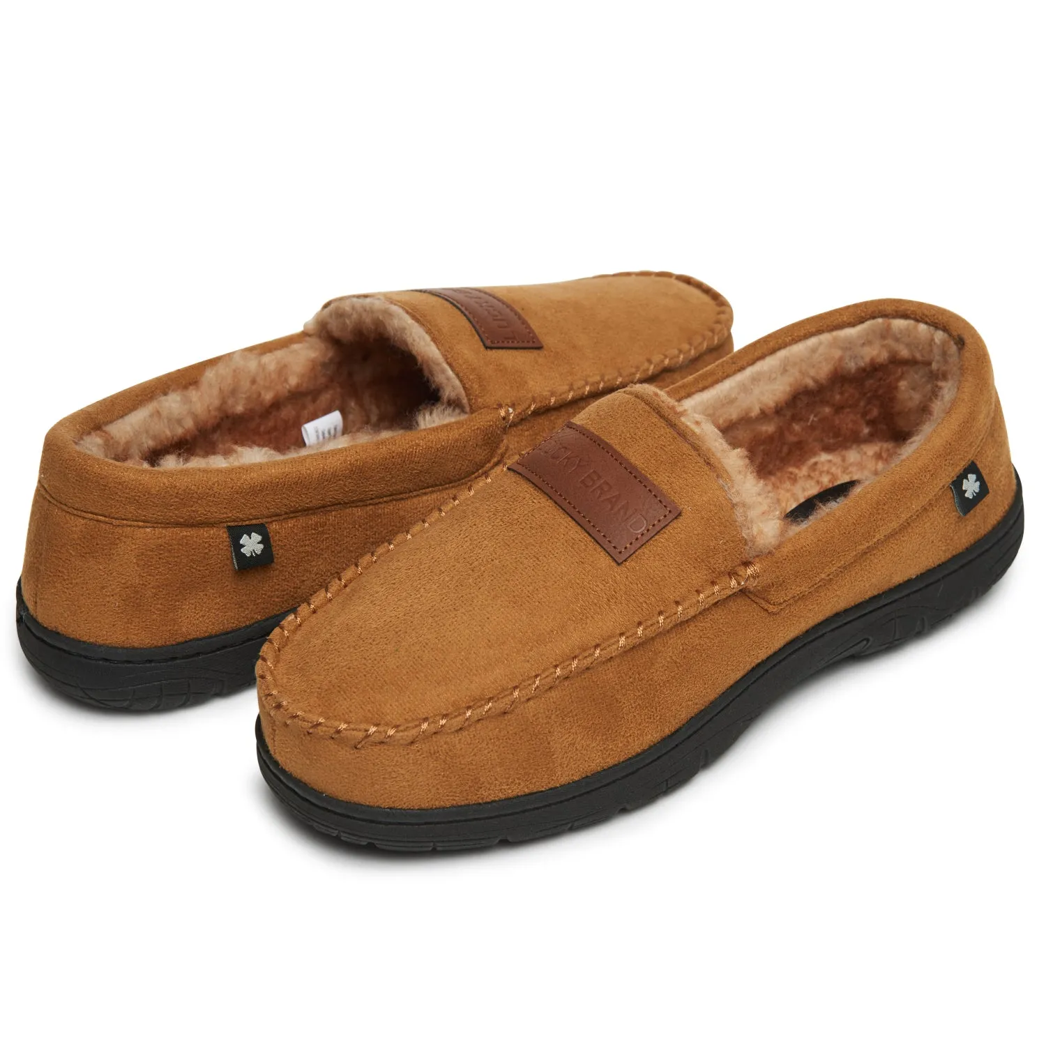 Lucky Brand Micro Suede Moccasin Slippers for Men with Faux Fur Lining, Black
