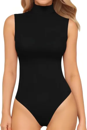 MANGOPOP Women's Mock Turtle Neck Sleeveless Long Sleeve Tops Bodysuit Jumpsuit