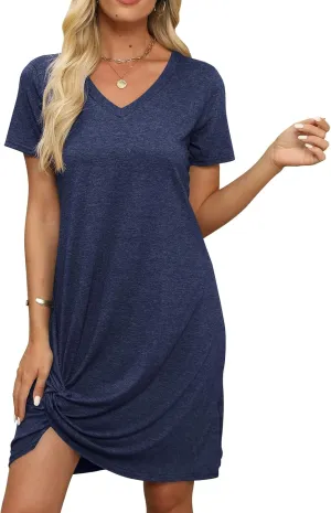 Miselon Tshirt Dresses for Women - Short Sleeve V Neck Knot T Shirt Dress Casual Summer Beach Sundresses
