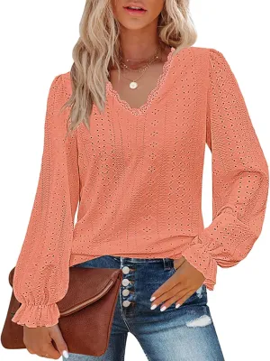 Misyula Womens Lace V Neck Puff Long Sleeve Eyelet Tops Dressy Business Casual Work Shirts Blouse S-XXL