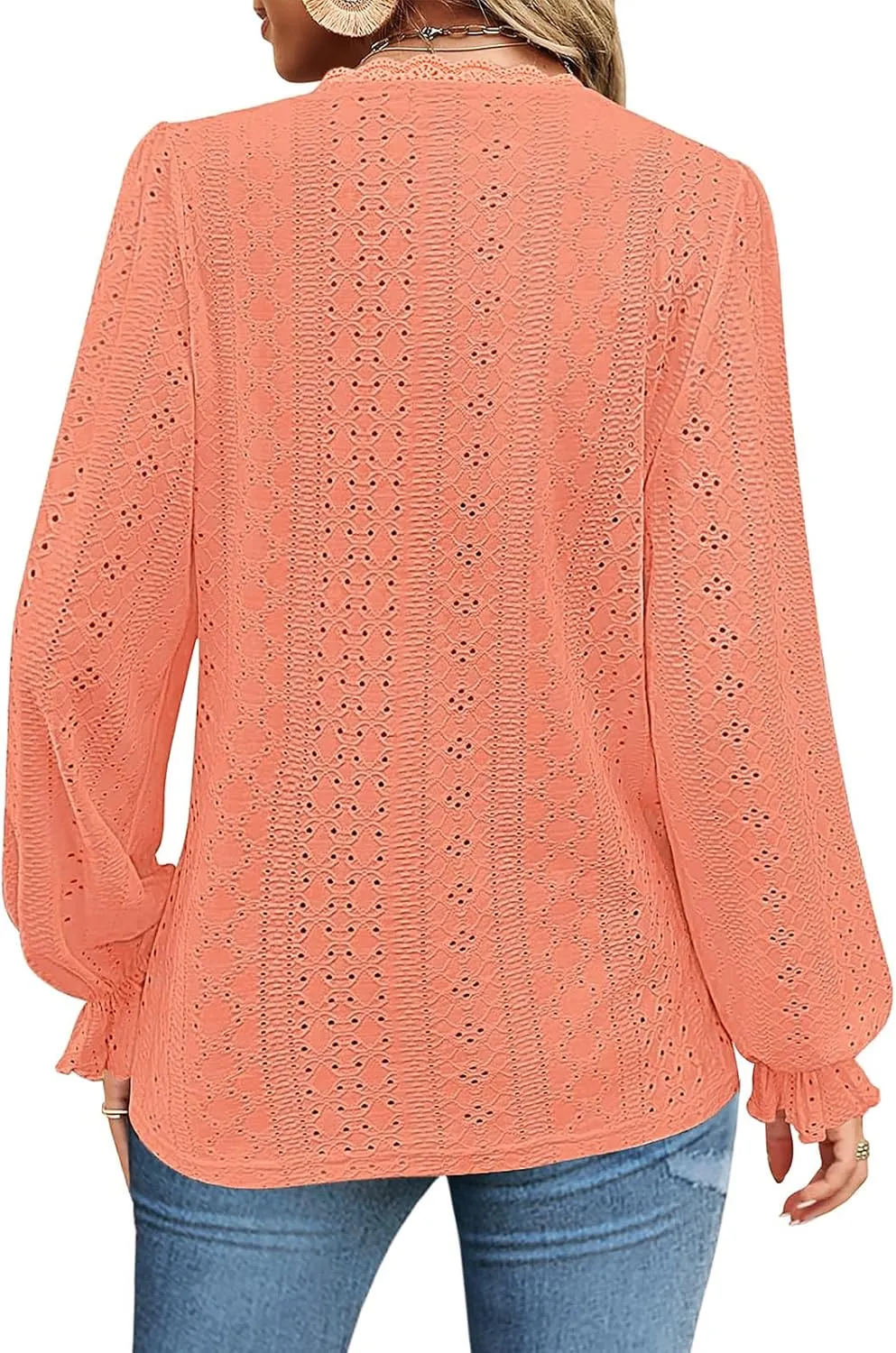 Misyula Womens Lace V Neck Puff Long Sleeve Eyelet Tops Dressy Business Casual Work Shirts Blouse S-XXL