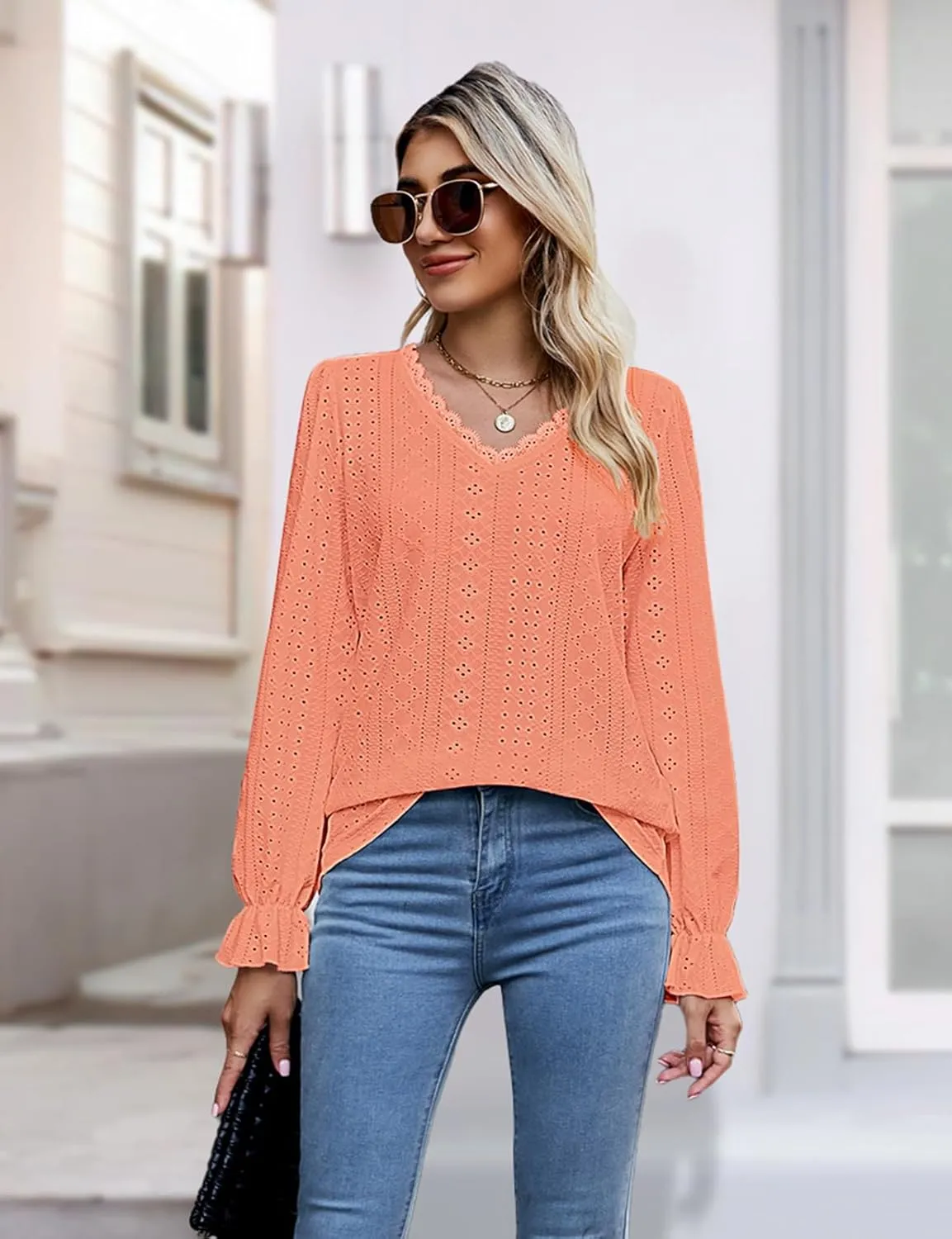 Misyula Womens Lace V Neck Puff Long Sleeve Eyelet Tops Dressy Business Casual Work Shirts Blouse S-XXL